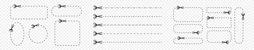 Set of cut here icons. Scissors pictograms with dashed lines and frames. Crop, strip or separation signs vector