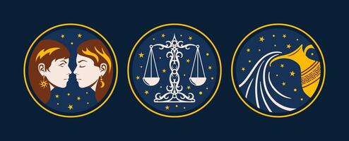 Artistic Illustrations of Zodiac Gemini, Libra and Aquarius with celestial themes in vibrant colors that capture their essence. celestial objects, mystical, space, predict, future, trigon the air vector