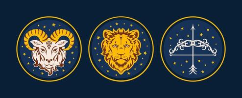 Zodiac Symbols include Aries, Sagittarius and Leo. Astrology Emblems with rich meanings. celestial objects, mystical, space, predict, future, trigon the fire vector