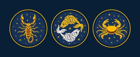 Artistic Illustrations of Zodiac Signs Scorpio, Pisces and Cancer with celestial themes in vibrant colors, capture their essence. celestial objects, mystical, space, predict, future, trigon the water vector