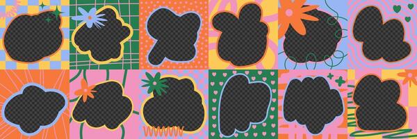 Set of border square frames with cute hand drawn elements. Trendy template design with wavy lines, abstract dots, flowers. vector