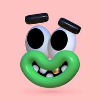 Funny 3D face. Playful inflatable character with a wide smile, metal tooth, reflective texture. vector