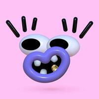 Funny 3D face. A playful inflatable character with a wide smile and a metal gold tooth. Trendy sticker with big lips, eyes and eyebrows. vector