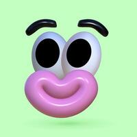 Funny 3D face. Playful inflatable character with a wide smile, plastic texture. Naive sticker with big pink lips. vector