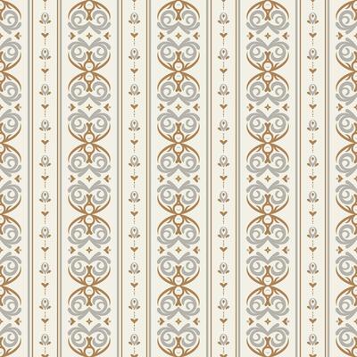 Abstract geometric seamless pattern with damask elements. Vertical stripes. Beige background in vintage and retro style. Print for interior design, wallpaper and fabric.