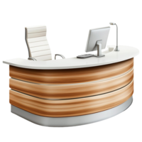 Elegant wooden reception desk with modern design, featuring a comfortable chair and a sleek computer monitor for professional use., isolated on transparent background. png