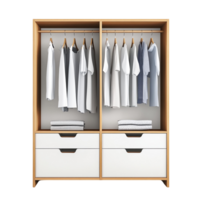 A modern wardrobe displaying neatly arranged shirts and folded towels, isolated on transparent background. png