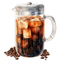 Coffee press with ice cubes and coffee beans, isolate on transparent background png