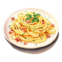 Delicious plate of spaghetti with bacon and parsley isolate on transparent background png