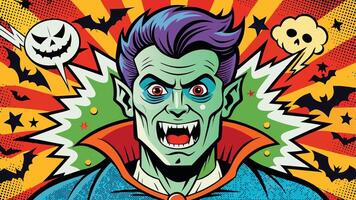 Vibrant Halloween-themed illustration featuring a cartoon vampire with exaggerated features amidst a colorful backdrop of bats and spooky symbols vector