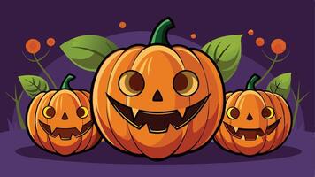 Three cheerful Halloween pumpkins with playful expressions against a purple background, surrounded by green leaves and whimsical plants, capturing a festive autumn atmosphere vector