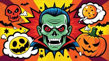 Vibrant Halloween-themed illustration featuring a cartoon vampire with exaggerated features amidst a colorful backdrop of bats and spooky symbols vector