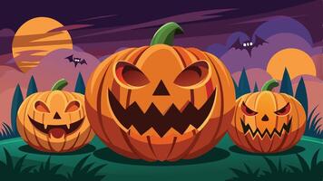 Three cheerful Halloween pumpkins with playful expressions against a purple background, surrounded by green leaves and whimsical plants, capturing a festive autumn atmosphere vector