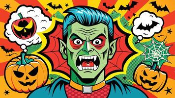 Vibrant Halloween-themed illustration featuring a cartoon vampire with exaggerated features amidst a colorful backdrop of bats and spooky symbols vector