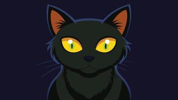 A cartoon-style black cat with striking green eyes standing on a dark green background, showcasing its playful and mysterious nature during a whimsical illustration vector