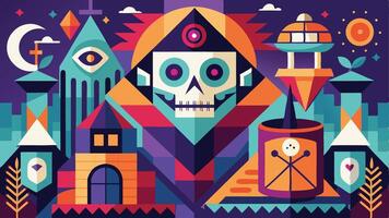 Colorful geometric artwork featuring a central skull design with vibrant elements inspired by culture and tradition, set against a dark background and illuminated by celestial shapes vector