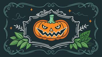 Colorful Halloween pumpkin illustration featuring a smiling face, surrounded by autumn leaves and playful elements, ideal for seasonal decorations and festive themes vector
