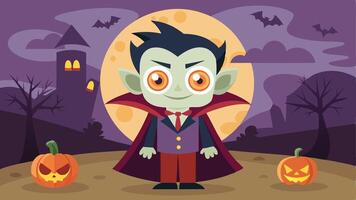 A cartoon zombie character with orange hair stands in front of a haunted house under a full moon, creating a spooky atmosphere typical of Halloween-themed scenes vector