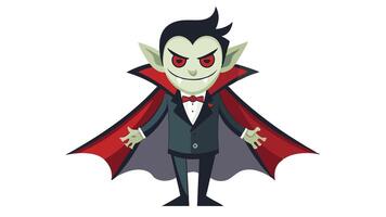 A cartoon vampire character with red eyes and sharp fangs, wearing a black suit and red cape, stands confidently against a teal background vector