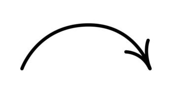 Rounded thin arrow pointing right and down. Sketch. Black line design element isolated on white background, editable outline. vector