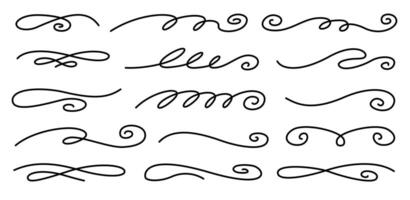 Hand drawn curly thin swishes set. Highlight text elements. Calligraphy swirls. vector