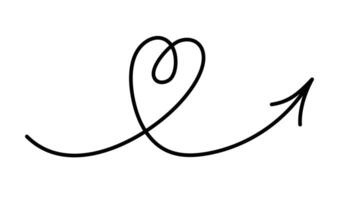 Heart shape curved line with arrow pointing right and up. Sketch. Black thin line design element isolated on white background. vector