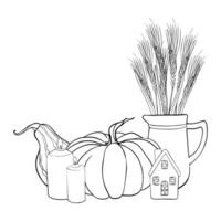 Linear sketch of a pumpkin composition and Wheat Ears in the Jug. Autumn illustration vegetables painted by black inks. Contour Linear drawing. Engraving for designs fall harvest and Thanksgiving day vector