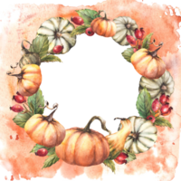 Pumpkins with dog rose, rose hip berries and leaves. Watercolor wreath. Fall harvest circular frame Hand drawn illustration on isolated splashes, stains orange background Autumn, Thanksgiving day card png