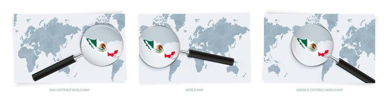 Blue Abstract World Maps with magnifying glass on map of Mexico with the national flag of Mexico. Three version of World Map. vector