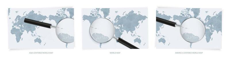Blue Abstract World Maps with magnifying glass on map of Saint Vincent and the Grenadines with the national flag of Saint Vincent and the Grenadines. Three version of World Map. vector