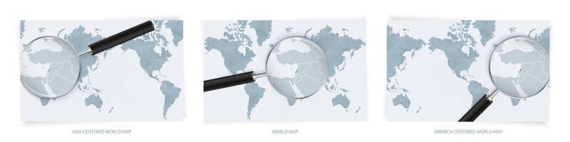 Blue Abstract World Maps with magnifying glass on map of Lebanon with the national flag of Lebanon. Three version of World Map. vector