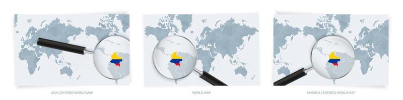 Blue Abstract World Maps with magnifying glass on map of Colombia with the national flag of Colombia. Three version of World Map. vector