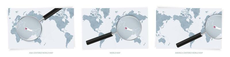 Blue Abstract World Maps with magnifying glass on map of Nepal with the national flag of Nepal. Three version of World Map. vector