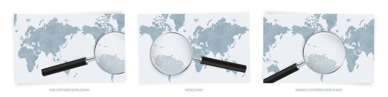 Blue Abstract World Maps with magnifying glass on map of Trinidad and Tobago with the national flag of Trinidad and Tobago. Three version of World Map. vector