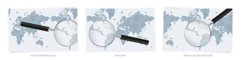 Blue Abstract World Maps with magnifying glass on map of Costa Rica with the national flag of Costa Rica. Three version of World Map. vector