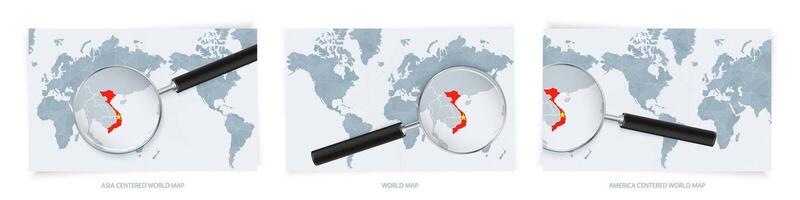 Blue Abstract World Maps with magnifying glass on map of Vietnam with the national flag of Vietnam. Three version of World Map. vector