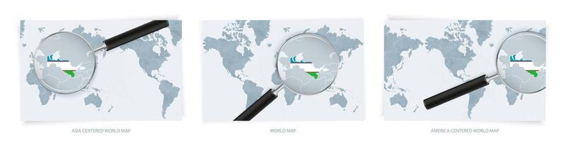 Blue Abstract World Maps with magnifying glass on map of Uzbekistan with the national flag of Uzbekistan. Three version of World Map. vector