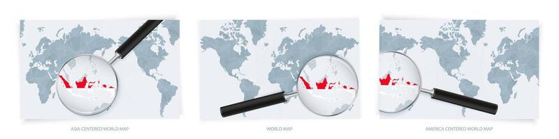 Blue Abstract World Maps with magnifying glass on map of Indonesia with the national flag of Indonesia. Three version of World Map. vector
