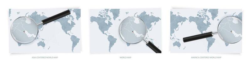 Blue Abstract World Maps with magnifying glass on map of Kuwait with the national flag of Kuwait. Three version of World Map. vector