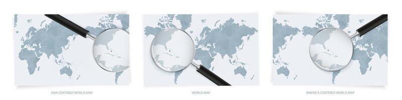 Blue Abstract World Maps with magnifying glass on map of The Bahamas with the national flag of The Bahamas. Three version of World Map. vector