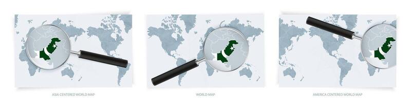Blue Abstract World Maps with magnifying glass on map of Pakistan with the national flag of Pakistan. Three version of World Map. vector