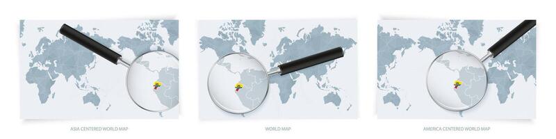 Blue Abstract World Maps with magnifying glass on map of Ecuador with the national flag of Ecuador. Three version of World Map. vector