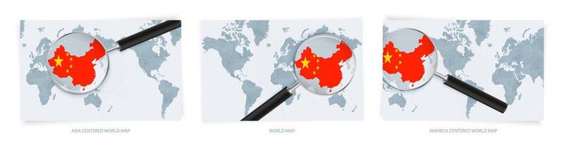 Blue Abstract World Maps with magnifying glass on map of China with the national flag of China. Three version of World Map. vector