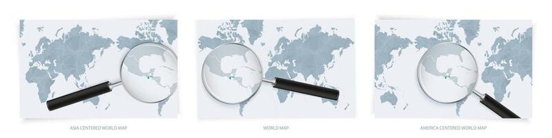 Blue Abstract World Maps with magnifying glass on map of Guatemala with the national flag of Guatemala. Three version of World Map. vector