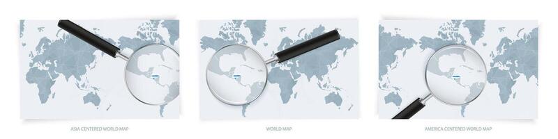Blue Abstract World Maps with magnifying glass on map of Honduras with the national flag of Honduras. Three version of World Map. vector