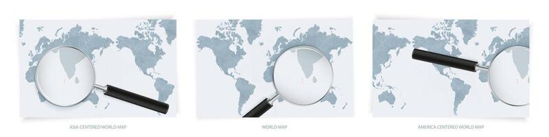Blue Abstract World Maps with magnifying glass on map of Maldives with the national flag of Maldives. Three version of World Map. vector