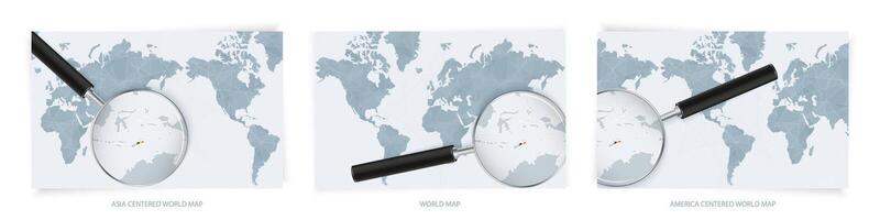Blue Abstract World Maps with magnifying glass on map of East Timor with the national flag of East Timor. Three version of World Map. vector