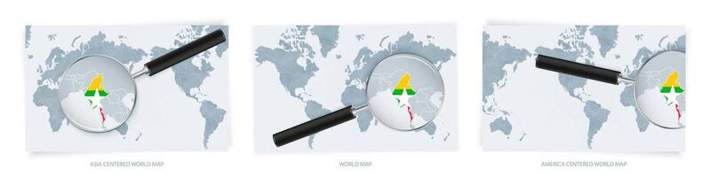 Blue Abstract World Maps with magnifying glass on map of Myanmar with the national flag of Myanmar. Three version of World Map. vector