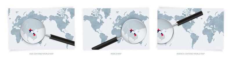 Blue Abstract World Maps with magnifying glass on map of Laos with the national flag of Laos. Three version of World Map. vector