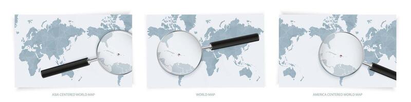 Blue Abstract World Maps with magnifying glass on map of Dominican Republic with the national flag of Dominican Republic. Three version of World Map. vector